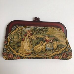 Tapestry Clutch Purse Bakelite Frame Floral Woman Girl Sheep Hong Kong Vintage